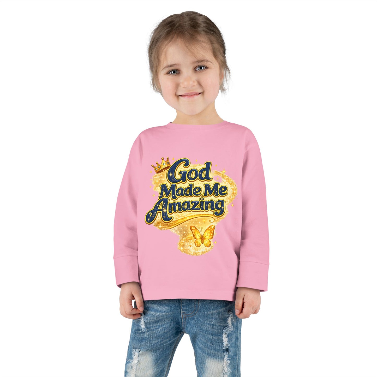 Toddler Long Sleeve Tee — "God Made Me Amazing" Inspirational Christian Tee (Be Strong & Courageous)