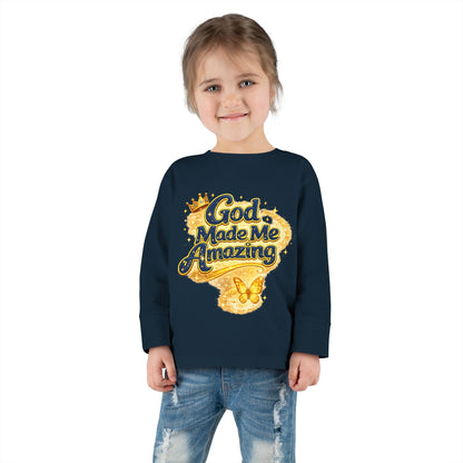 Toddler Long Sleeve Tee — "God Made Me Amazing" Inspirational Christian Tee (Be Strong & Courageous)