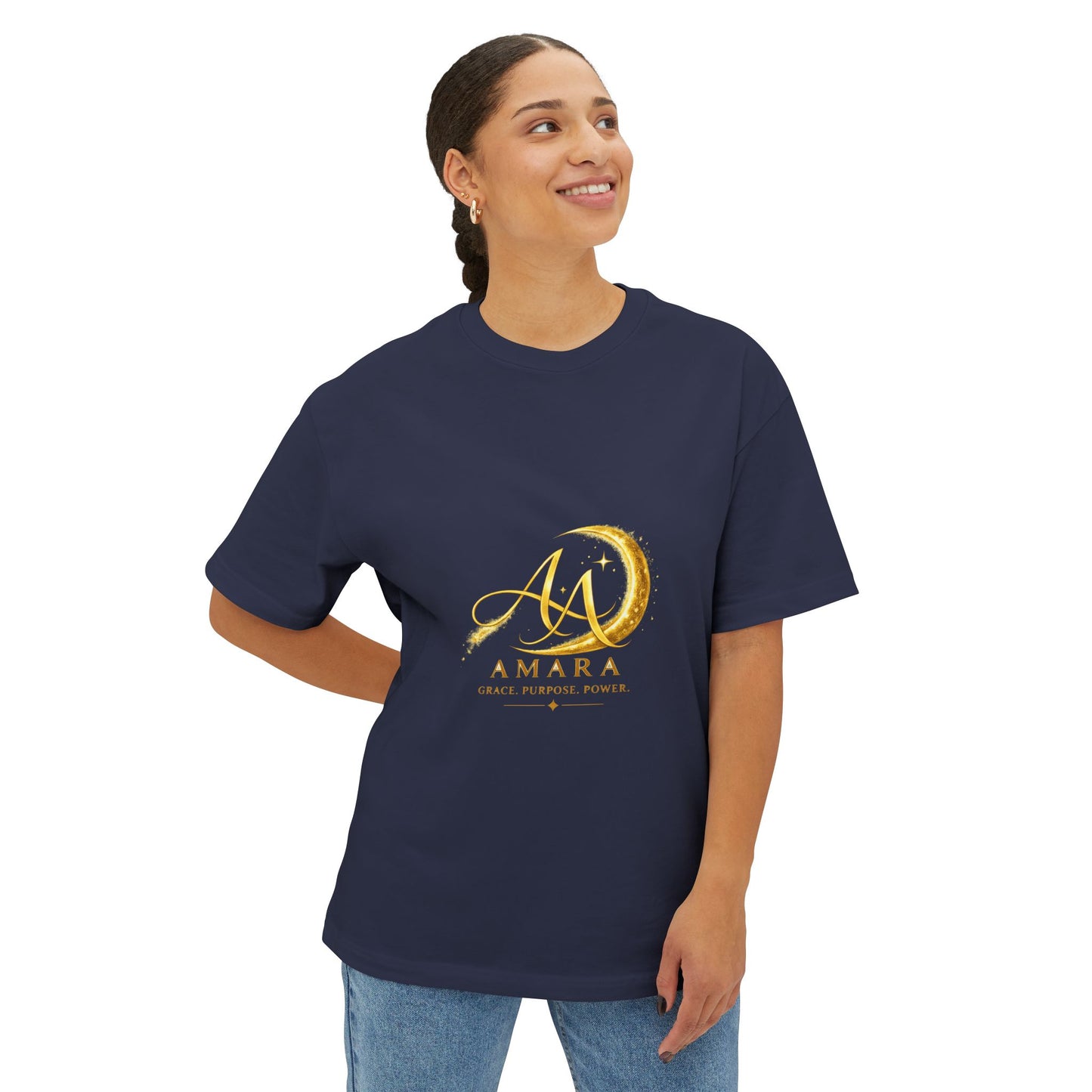 Amara Gold Moon Boxy Tee — “Strong Mind. Soft Heart. Bold Purpose.” Oversized Graphic T-Shirt