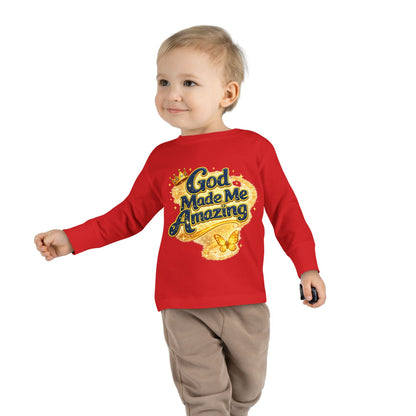 Toddler Long Sleeve Tee — "God Made Me Amazing" Inspirational Christian Tee (Be Strong & Courageous)