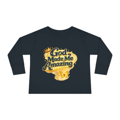 Toddler Long Sleeve Tee — "God Made Me Amazing" Inspirational Christian Tee (Be Strong & Courageous)