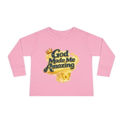 Toddler Long Sleeve Tee — "God Made Me Amazing" Inspirational Christian Tee (Be Strong & Courageous)