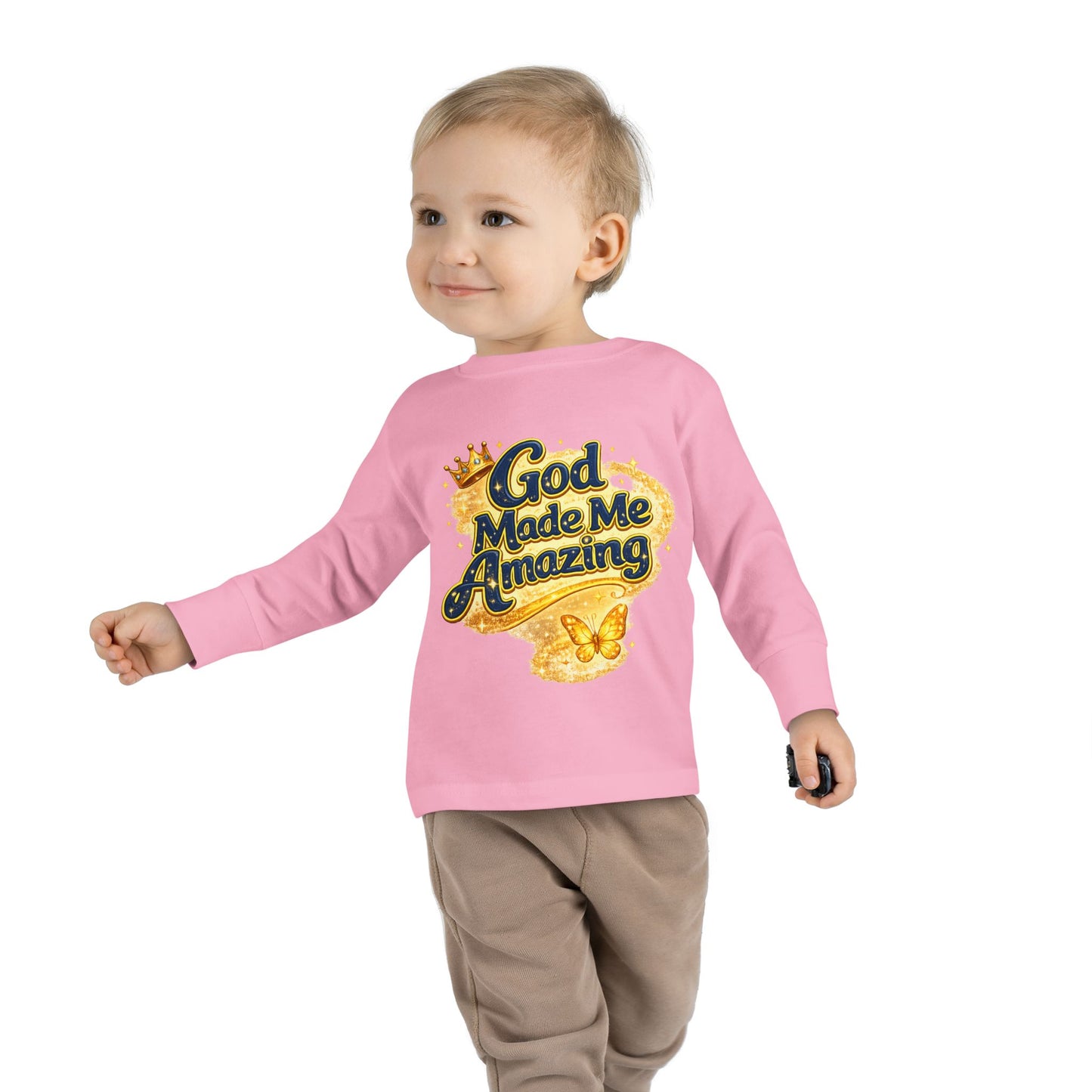 Toddler Long Sleeve Tee — "God Made Me Amazing" Inspirational Christian Tee (Be Strong & Courageous)