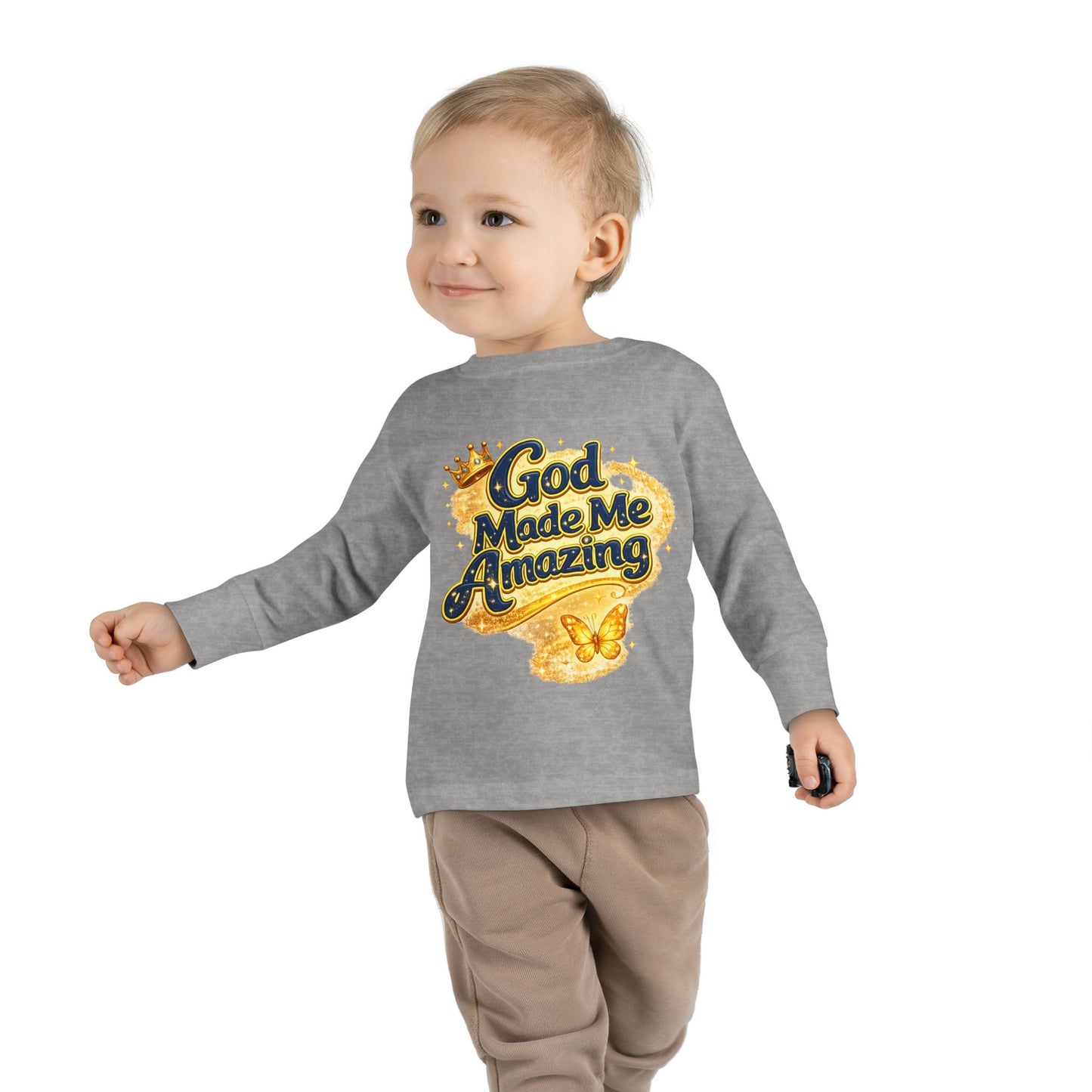 Toddler Long Sleeve Tee — "God Made Me Amazing" Inspirational Christian Tee (Be Strong & Courageous)