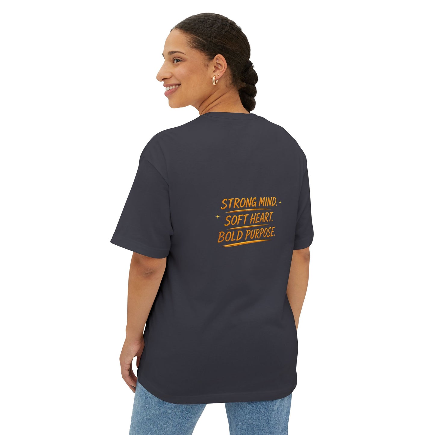 Amara Gold Moon Boxy Tee — “Strong Mind. Soft Heart. Bold Purpose.” Oversized Graphic T-Shirt