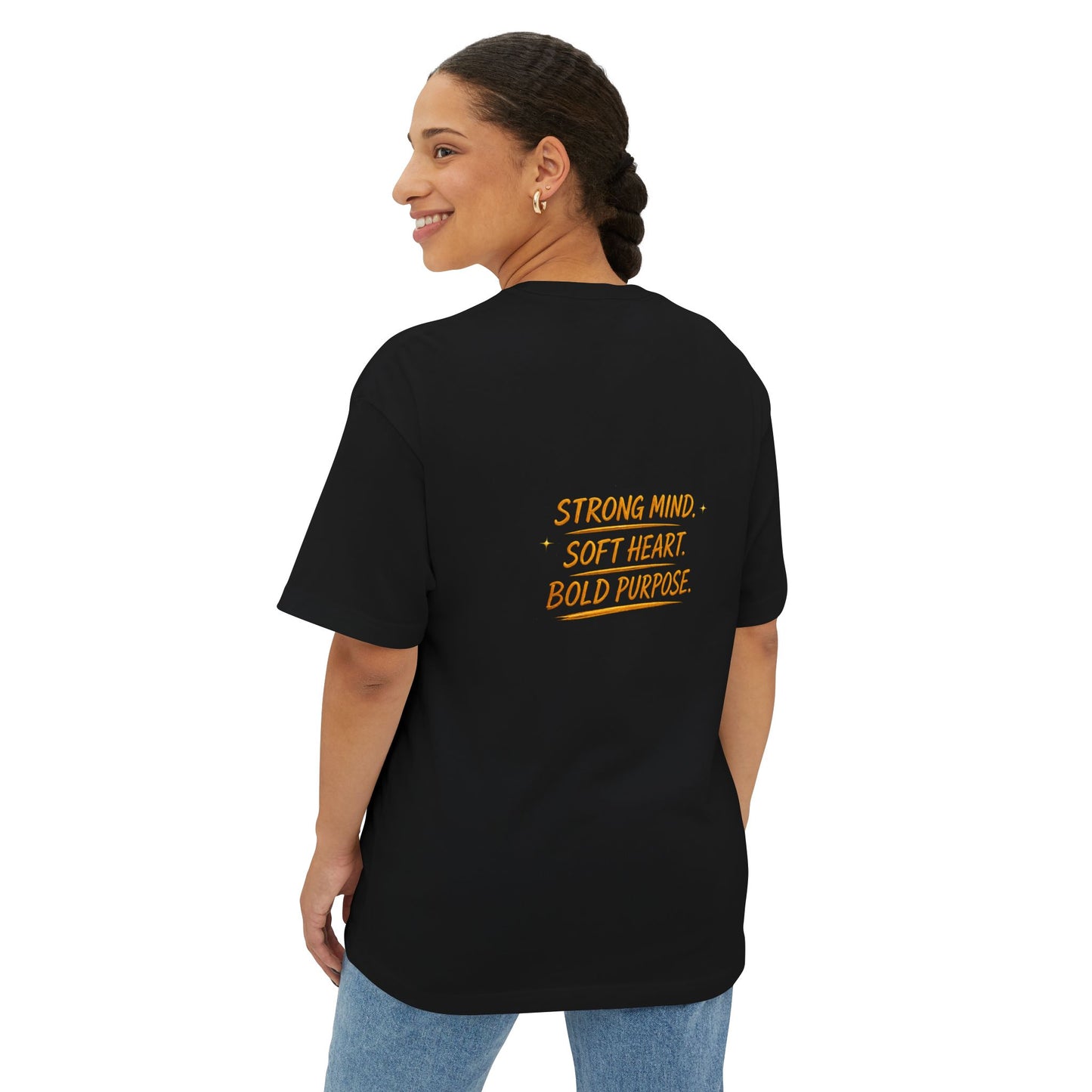 Amara Gold Moon Boxy Tee — “Strong Mind. Soft Heart. Bold Purpose.” Oversized Graphic T-Shirt