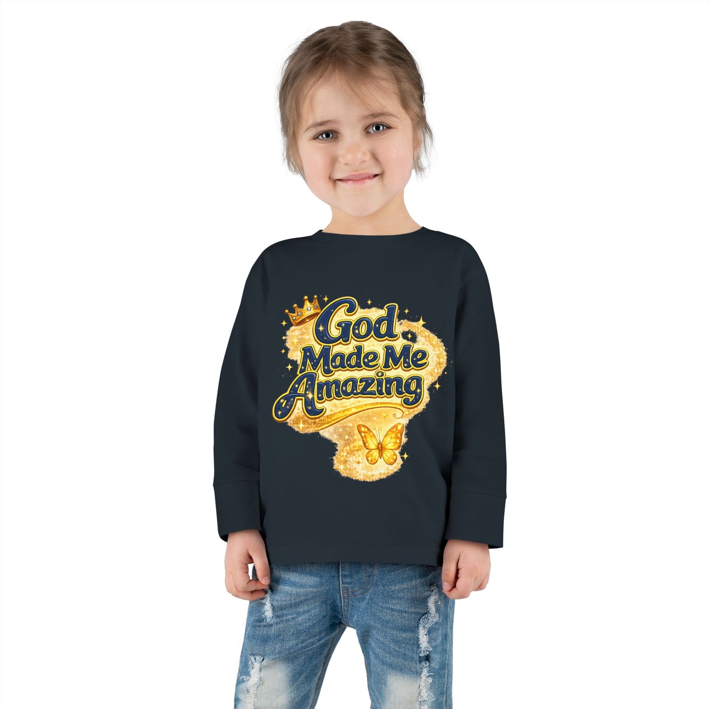 Toddler Long Sleeve Tee — "God Made Me Amazing" Inspirational Christian Tee (Be Strong & Courageous)