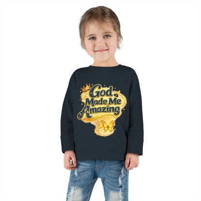 Toddler Long Sleeve Tee — "God Made Me Amazing" Inspirational Christian Tee (Be Strong & Courageous)