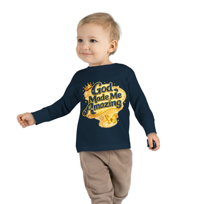Toddler Long Sleeve Tee — "God Made Me Amazing" Inspirational Christian Tee (Be Strong & Courageous)