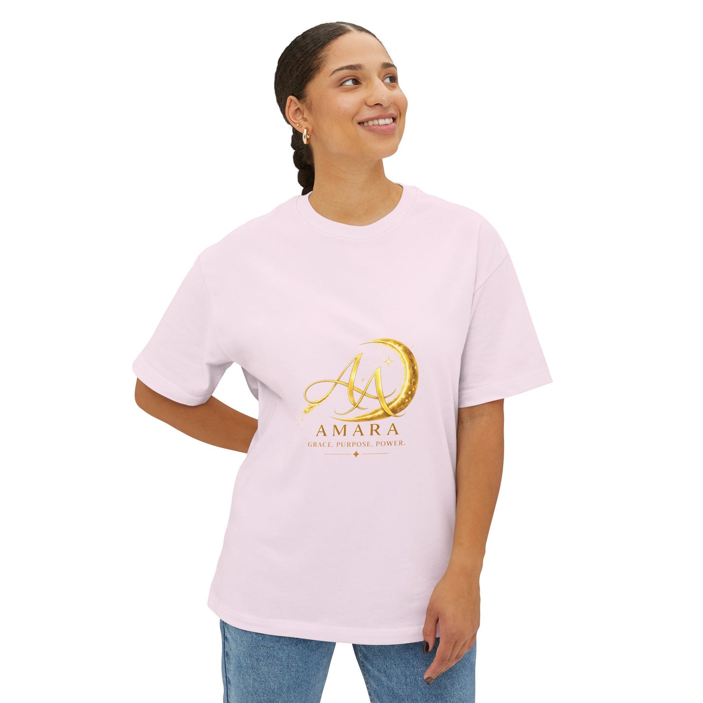 Amara Gold Moon Boxy Tee — “Strong Mind. Soft Heart. Bold Purpose.” Oversized Graphic T-Shirt
