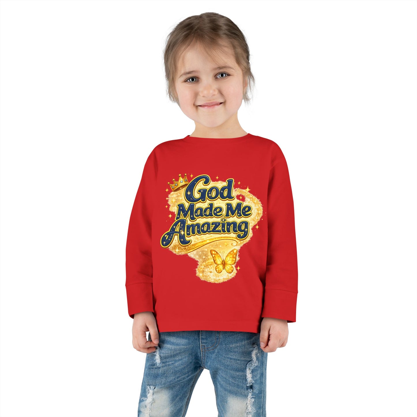 Toddler Long Sleeve Tee — "God Made Me Amazing" Inspirational Christian Tee (Be Strong & Courageous)