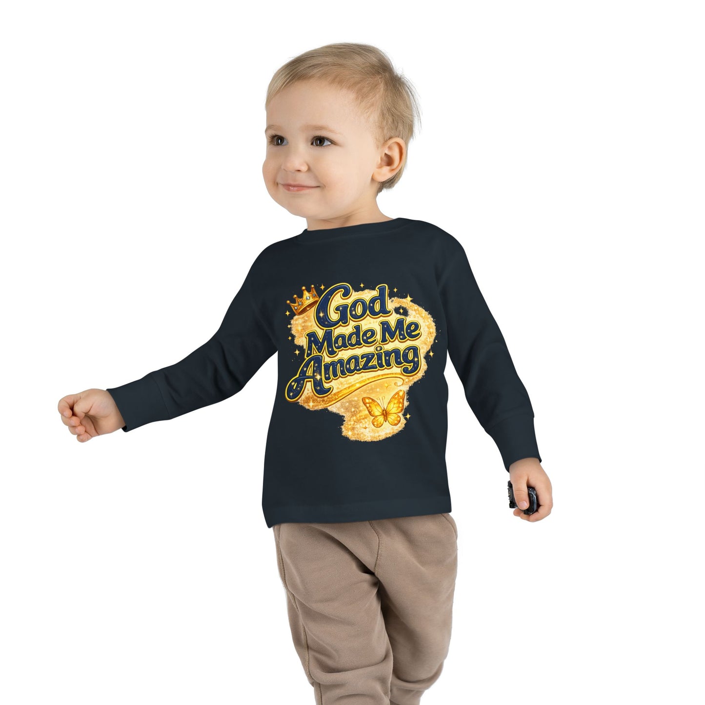Toddler Long Sleeve Tee — "God Made Me Amazing" Inspirational Christian Tee (Be Strong & Courageous)