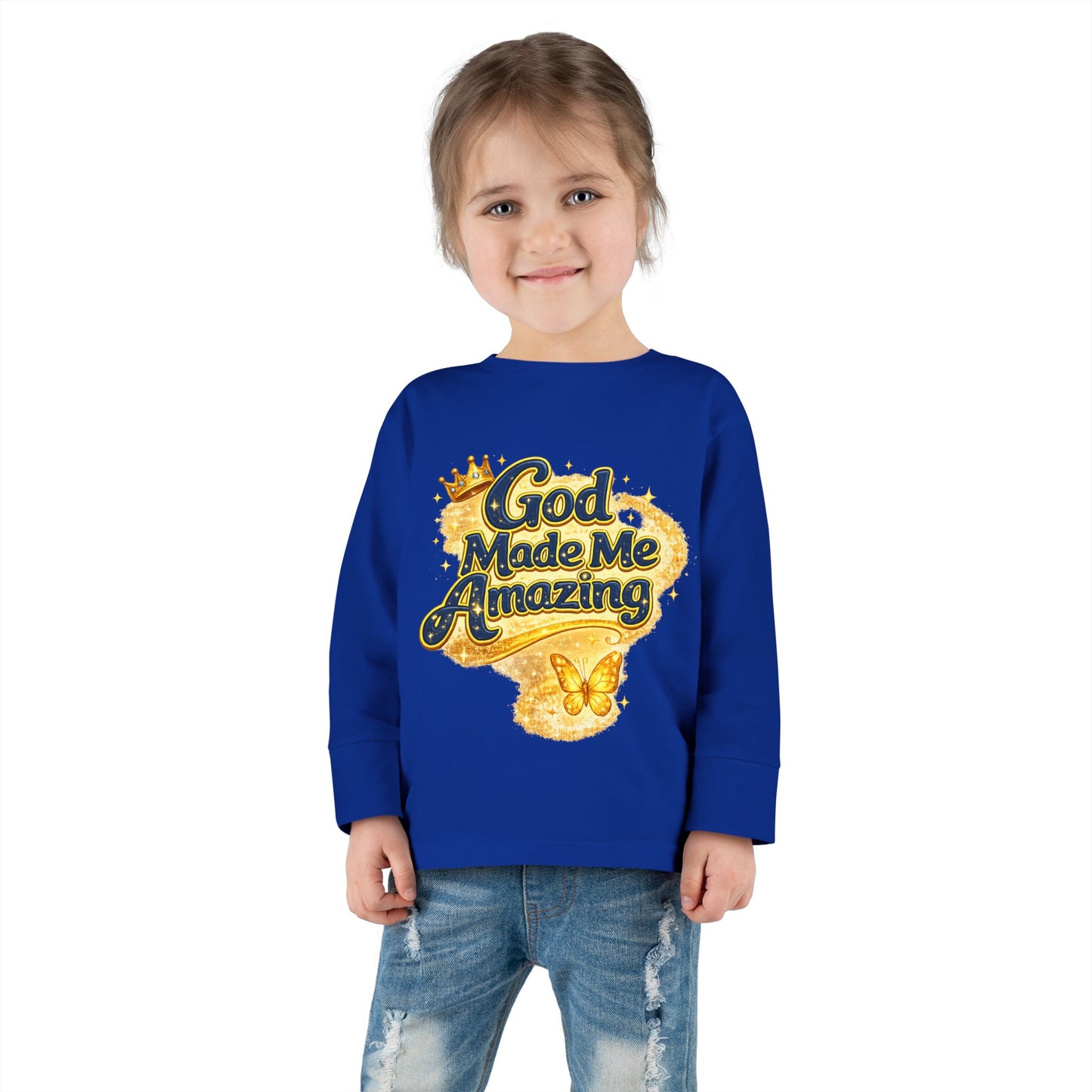 Toddler Long Sleeve Tee — "God Made Me Amazing" Inspirational Christian Tee (Be Strong & Courageous)