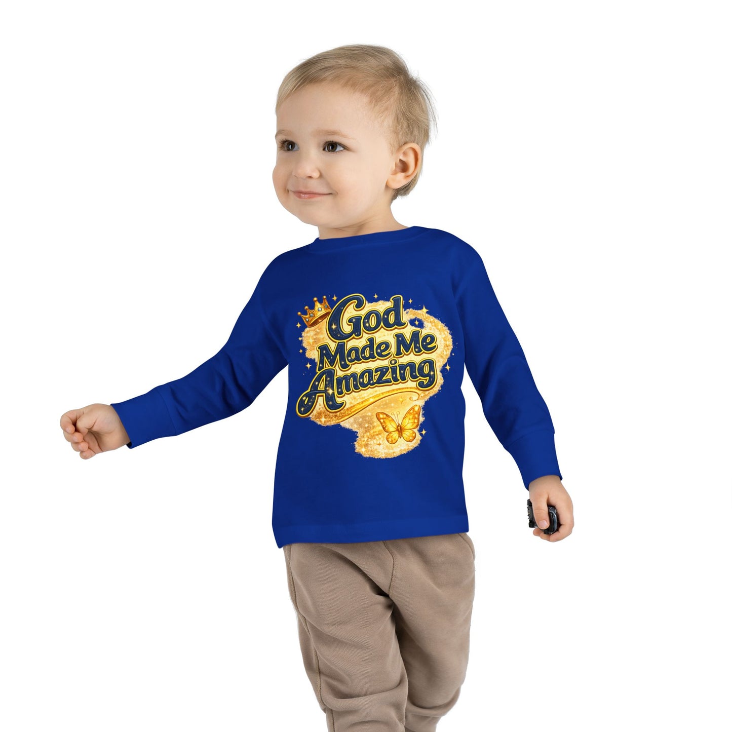 Toddler Long Sleeve Tee — "God Made Me Amazing" Inspirational Christian Tee (Be Strong & Courageous)