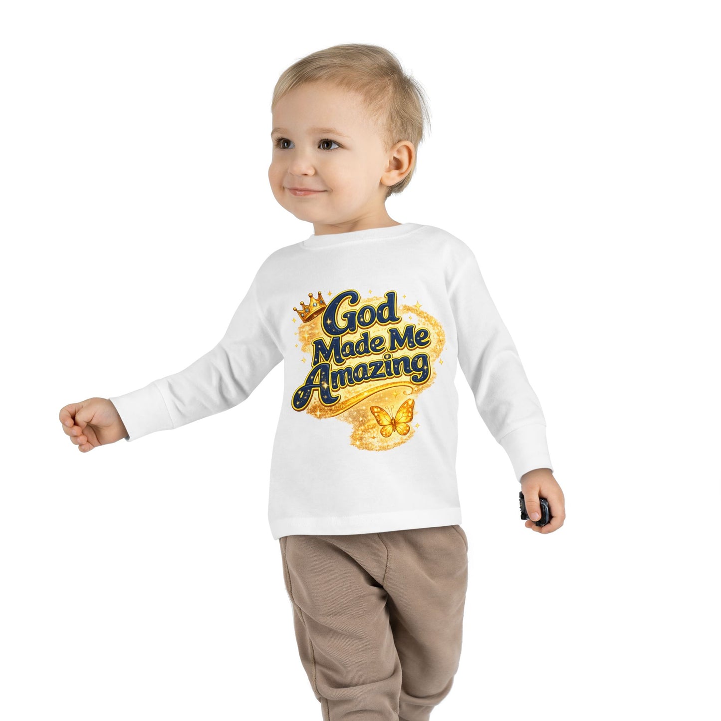 Toddler Long Sleeve Tee — "God Made Me Amazing" Inspirational Christian Tee (Be Strong & Courageous)
