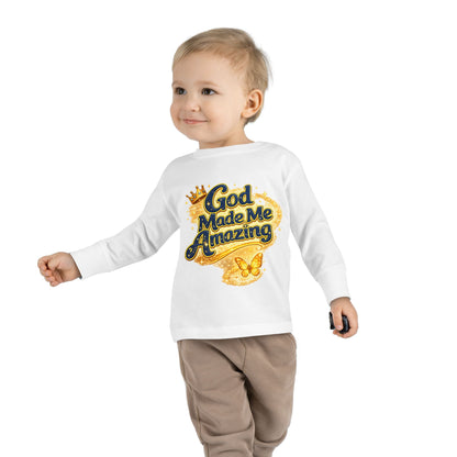 Toddler Long Sleeve Tee — "God Made Me Amazing" Inspirational Christian Tee (Be Strong & Courageous)