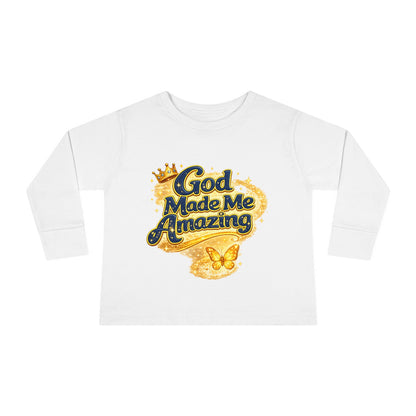 Toddler Long Sleeve Tee — "God Made Me Amazing" Inspirational Christian Tee (Be Strong & Courageous)