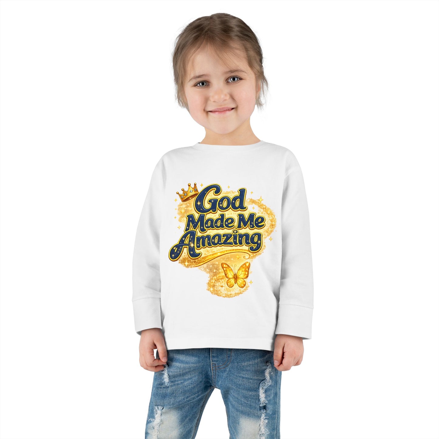 Toddler Long Sleeve Tee — "God Made Me Amazing" Inspirational Christian Tee (Be Strong & Courageous)