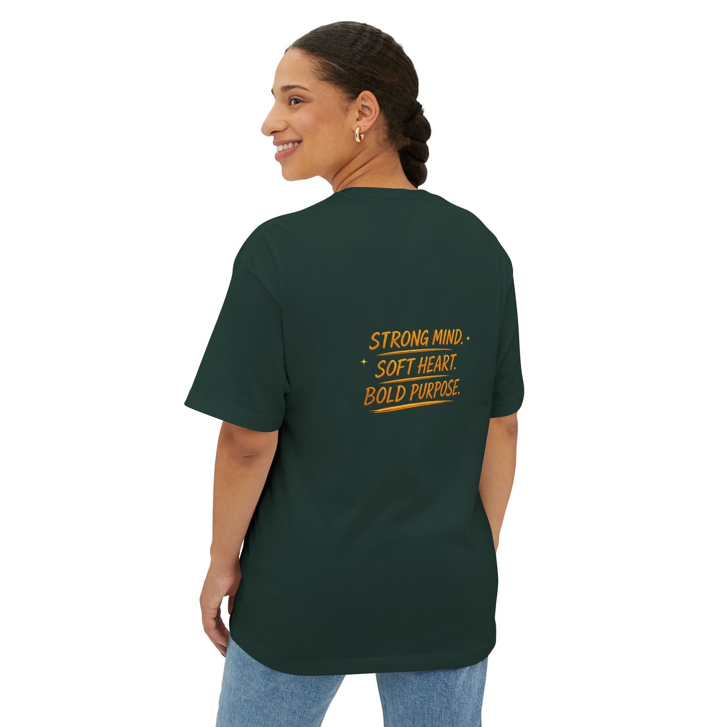 Amara Gold Moon Boxy Tee — “Strong Mind. Soft Heart. Bold Purpose.” Oversized Graphic T-Shirt