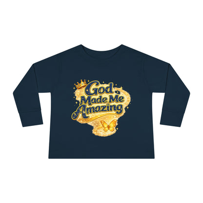 Toddler Long Sleeve Tee — "God Made Me Amazing" Inspirational Christian Tee (Be Strong & Courageous)