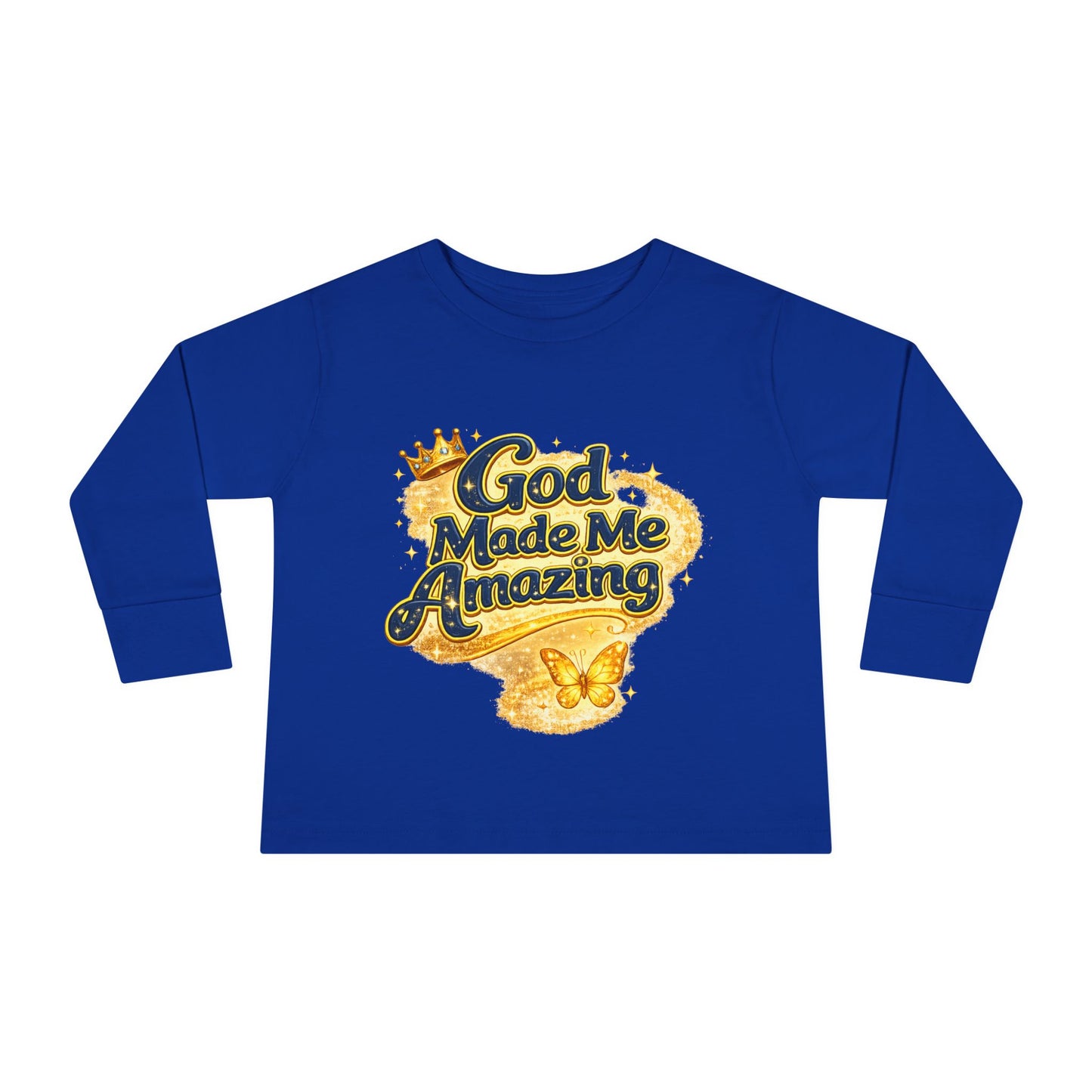 Toddler Long Sleeve Tee — "God Made Me Amazing" Inspirational Christian Tee (Be Strong & Courageous)