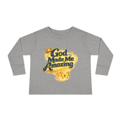 Toddler Long Sleeve Tee — "God Made Me Amazing" Inspirational Christian Tee (Be Strong & Courageous)