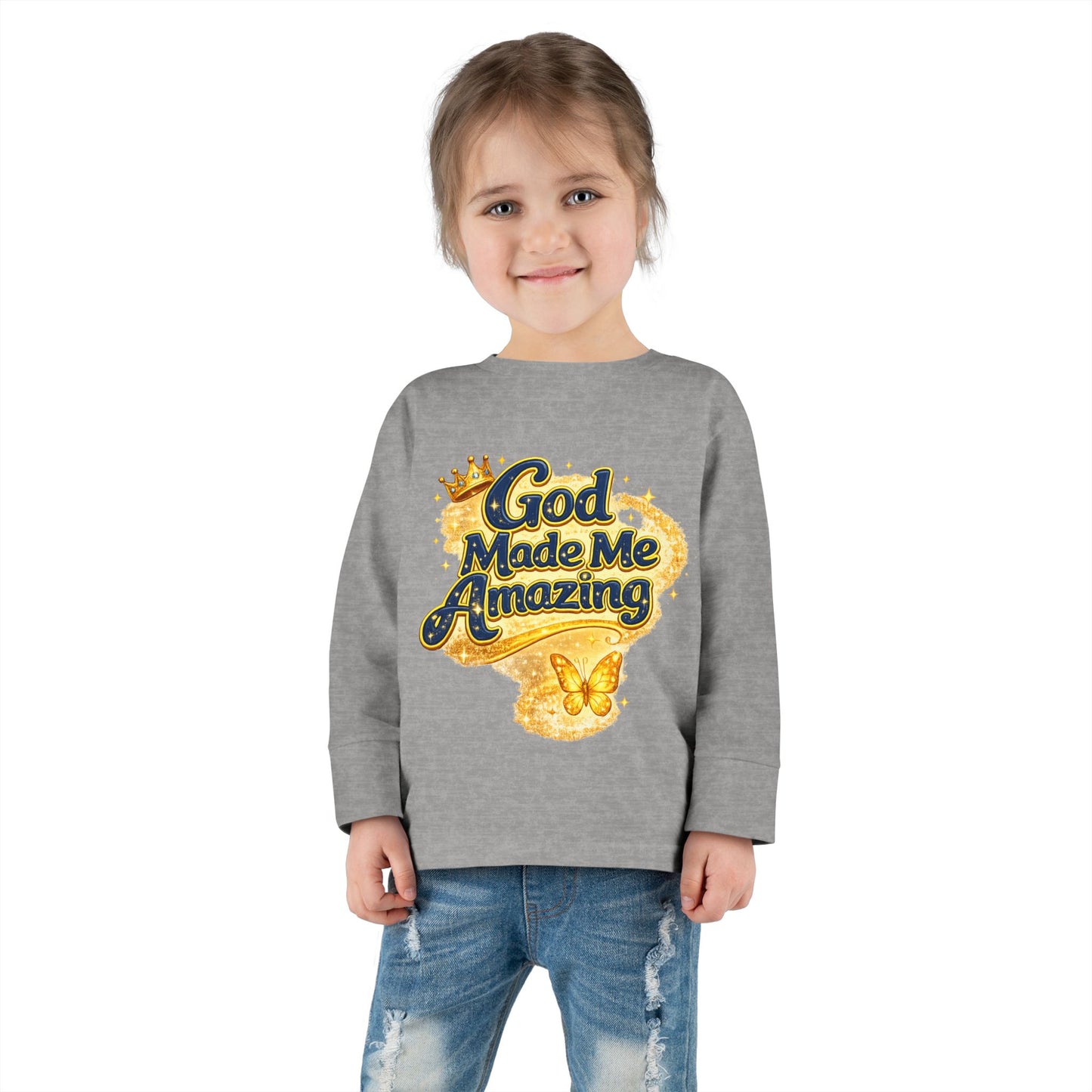 Toddler Long Sleeve Tee — "God Made Me Amazing" Inspirational Christian Tee (Be Strong & Courageous)