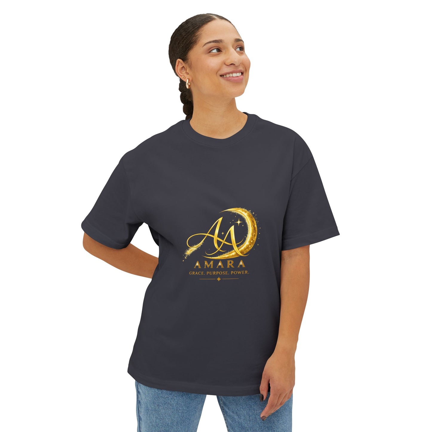 Amara Gold Moon Boxy Tee — “Strong Mind. Soft Heart. Bold Purpose.” Oversized Graphic T-Shirt